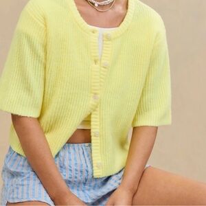 aerie Pale Yellow Short-Sleeve Knit Cardigan